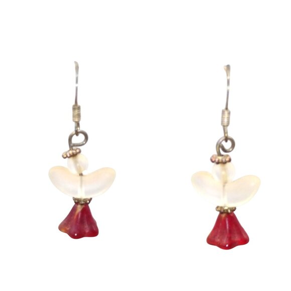 Lot of 2 Vintage Frosted Lucite Tulip Earrings, Red and White Hanging Blooms - Picture 3 of 4